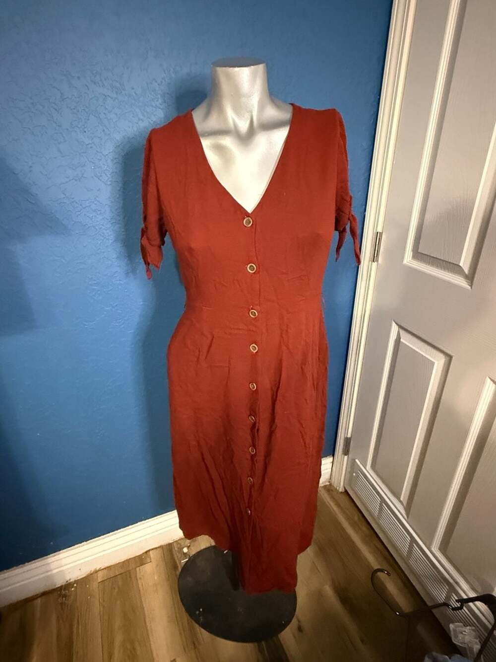 Sanctuary Rust Button Front Midi Dress Small Tie Sleeve V Neck Pockets Boho